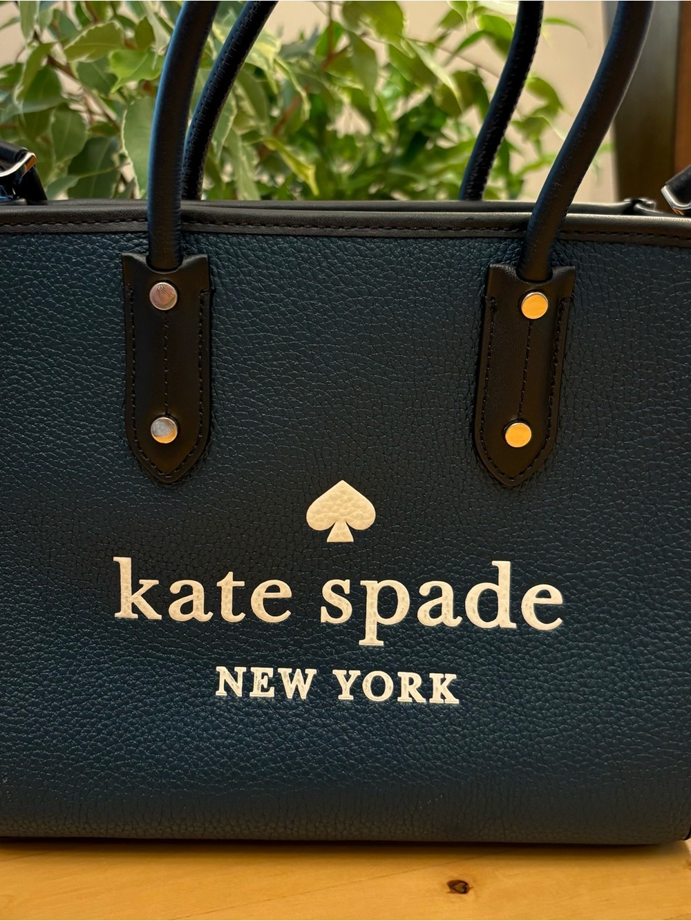 kate spade Dark Blue Pebbled Leather Tote with Gold Accents